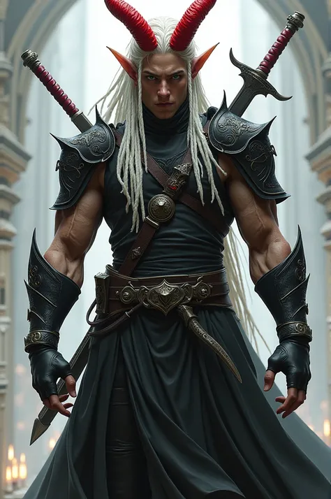  A Warlock , Warrior with red horns ,  white braided dreadlocks that are tied together at the back,  mysterious eyes that put you on ,  with black custom-made gloves that are also decorated, Elfenohren, a short sword that is attached to the back , a dagger...