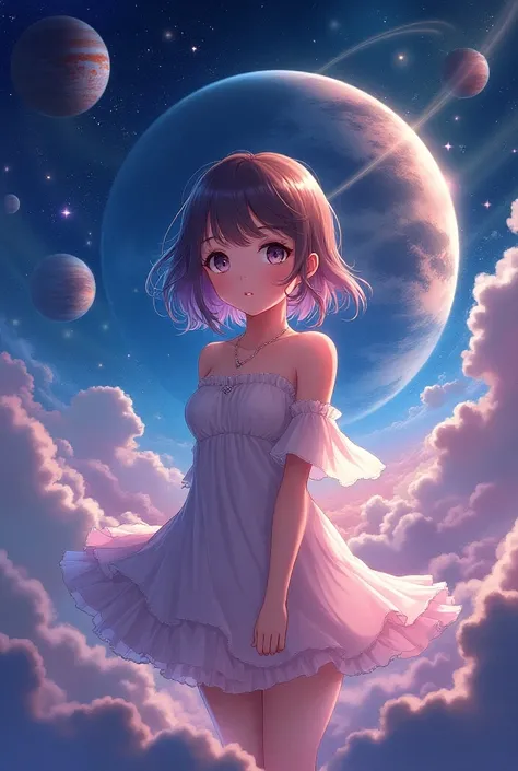 Create an anime image with the name Paula adorned with images of planets and galaxies