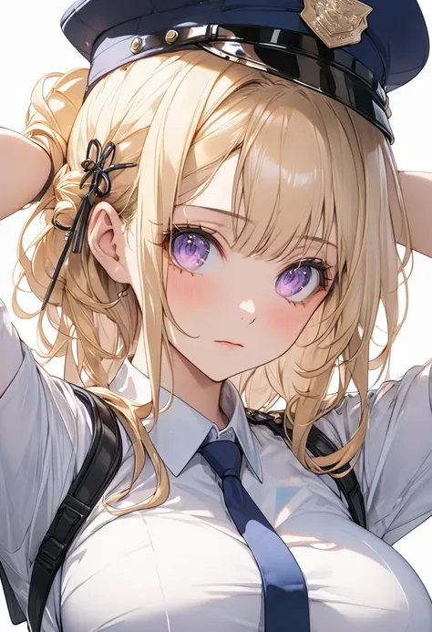 ((masterpiece, best quality,8k, ultra high resolution))、1 girl  、　Age 30　、((My arms are tied behind my head　、　Constraints))、(( embarrassed ))、　 is staring　　、 sharp eyesight  、  long lashes　　 、Blonde 　　、 Short Hair　　、wavy hair、((wearing  a  small spiderlily...