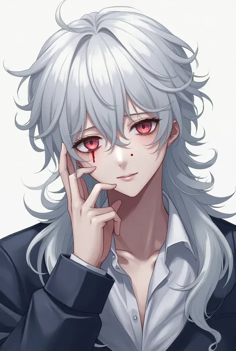 A boy,  anime style,  with snow-white skin , something like this with an angel ,  white hair and a little long ,  posing so that he has a hand on his face ,  that your eyes are slightly red and that you are bleeding from the nose,  who has substance in his...