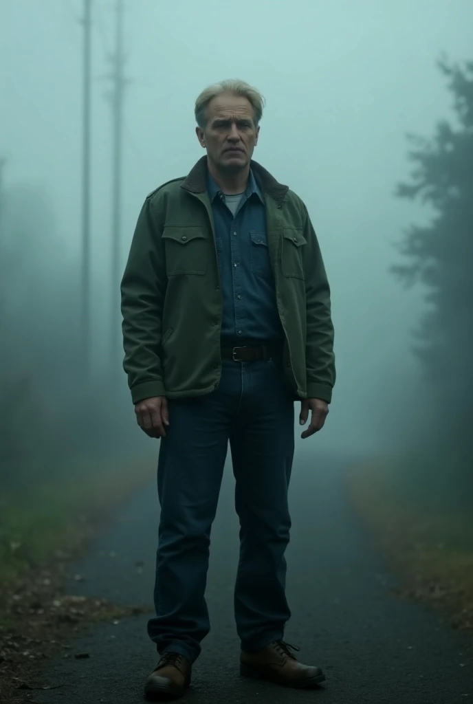 fog view, a middle age male, tired, hairstyles dark blonde mens classic medium-short hairstyle with longer (side-)bangs, parting of the hair slightly to his left, wearing green M-65 army jacket, dark blue buttoned work shirt inside, wearing dark blue jeans...