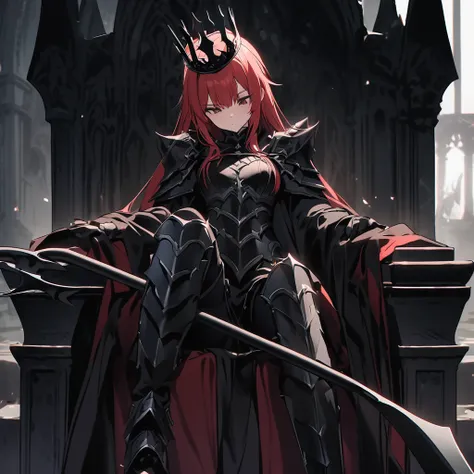 Girl with red hair black crown on her head 
Sitting on a Gothic throne looking down
Gothic armour on legs fastened with black scythe 
