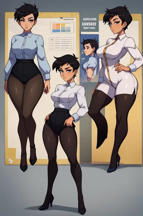 The concept character sheet of a strong, attractive, and hot office lady wearing a white bodysuit. jawline is softly defined, giving her a gentle and feminine appearance, ((Masterpiece, Highest quality)), 8k, Detailed face (very short black hair, bobcut ha...