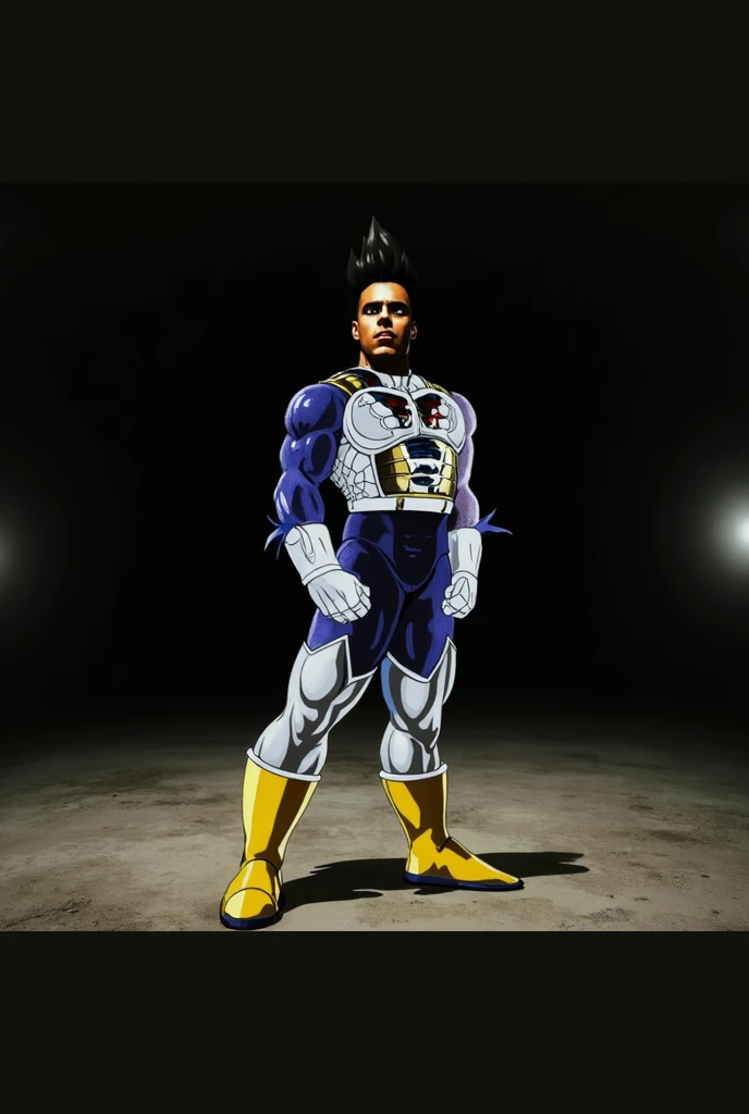  Vegeta character that is hyper realistic with luxury of details but respecting the facial features of the image,  changing the body to the classic Vegeta super sayajin from the Dragon Ball Z ,  with the costume that characterizes him but in black color .w...