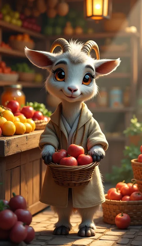 Depict an anthropomorphic goat standing in a cozy market stall filled with fruits, vegetables, and jars of preserves. The goat has soft gray fur and curved horns, and it wears a simple linen tunic tied with a rope belt. It is holding a wicker basket filled...