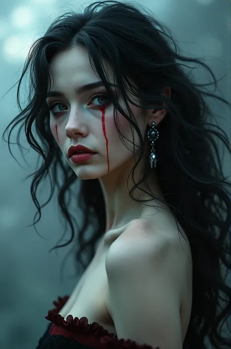 aa portrait of vampire with a bloody tear coming down from he eye, an exotic beautiful female vampire, dynamic hair color hair color, dynamic hair style, ultra detailed face, best detailed face, silver eye color, ((1single red teardrop: 1.3)), ((tear drop ...