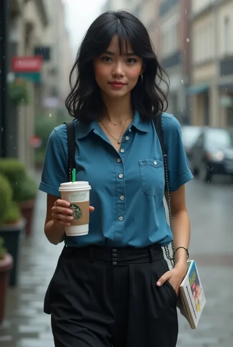 Make a realistic image of a woman with a good body, slender, with very nice lenses , caderas grandes, With loose clothing,  a blue polo shirt and black fabric pants ,  with slightly wavy black hair ,  with a Starbucks and books in my hand,  very white skin...