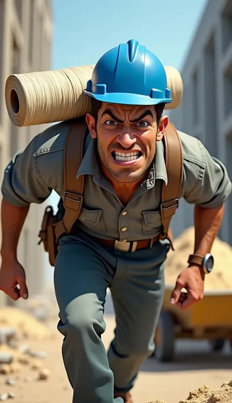 A man with a construction helmet in the color blue and a uniform of works in the color gray , He is angry because he is carrying a roll of thread on his back and carrying a construction cart full of sand.