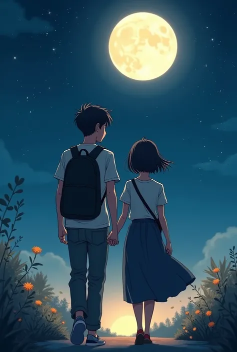 A best friend are walking under the moôn, a boy wear t shirt with long trousers and a bag, a girl  wear t shirts and long straight skirt, short haải with a bag
They don’t hold hand each other with para Lines


