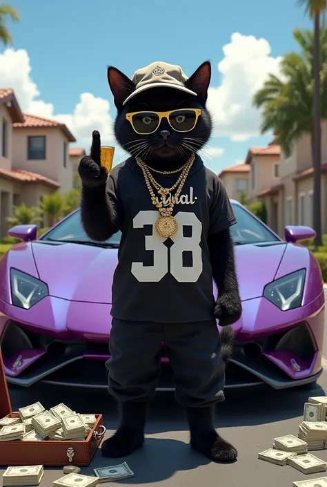  
A luxuriously dressed Black Gat stands next to a purple sports car labeled CAMA DE GATO. The Black Cat is wearing a shirt with the number 38 and the word FINAL, as well as sunglasses, a cap and gold jewelry. He holds a glass of beer in one hand and gestu...