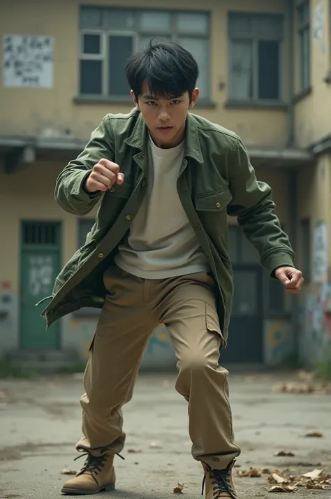 Japanese man, 20 years old, wearing an army green parka jacket, wearing beige brown parka pants, wearing light brown boots,Wearing a white undershirt, about to hit,Dynamic pose, background of abandoned Japanese delinquent school building,Very realistic, fi...