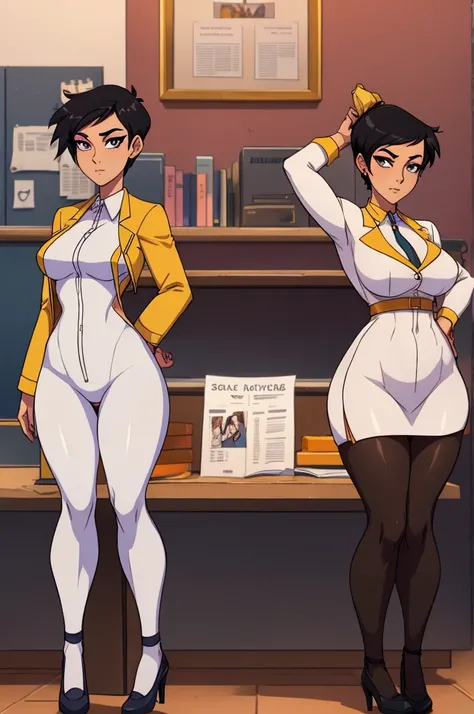 The concept character sheet of a strong, attractive, and hot office lady wearing a white bodysuit. jawline is softly defined, giving her a gentle and feminine appearance, ((Masterpiece, Highest quality)), 8k, Detailed face (very short black hair, bobcut ha...