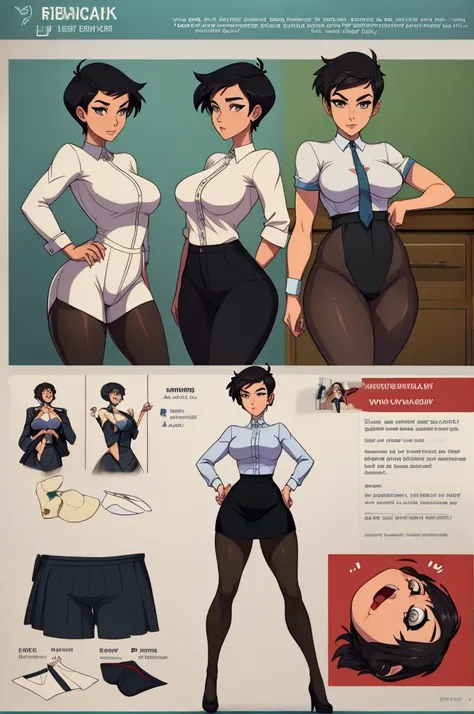 The concept character sheet of a strong, attractive, and hot office lady wearing a white bodysuit. jawline is softly defined, giving her a gentle and feminine appearance, ((Masterpiece, Highest quality)), 8k, Detailed face (very short black hair, bobcut ha...