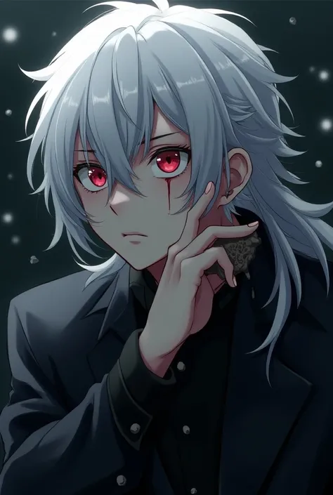 A boy,  anime style,  with snow-white skin , something like this with an angel ,  white hair and a little long ,  posing so that he has a hand on his face ,  that your eyes are slightly red and that you are bleeding from the nose,  who has substance in his...