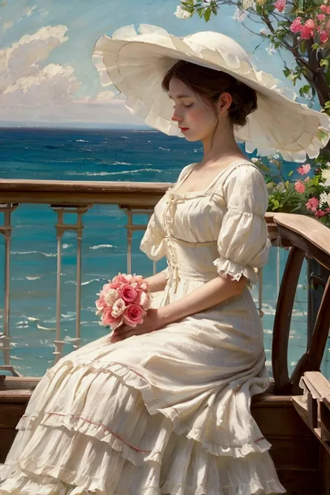 (Victorian lady)++, (flowing white dress)++, red trim, sun hat, red ribbon, holding flowers, (seaside setting)++, ocean background, pastel colors, gentle brush strokes, (impressionist style)++, side profile, elegant, calm, romantic atmosphere, (19th-centur...