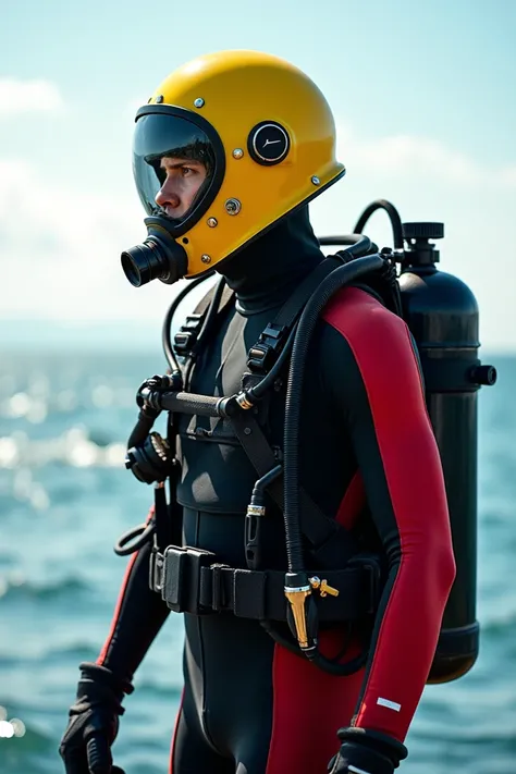 photography of diver with yellow colored diving helmet and black and red wetsuit and all equipment near the water in high resolution 4k hyper realistic