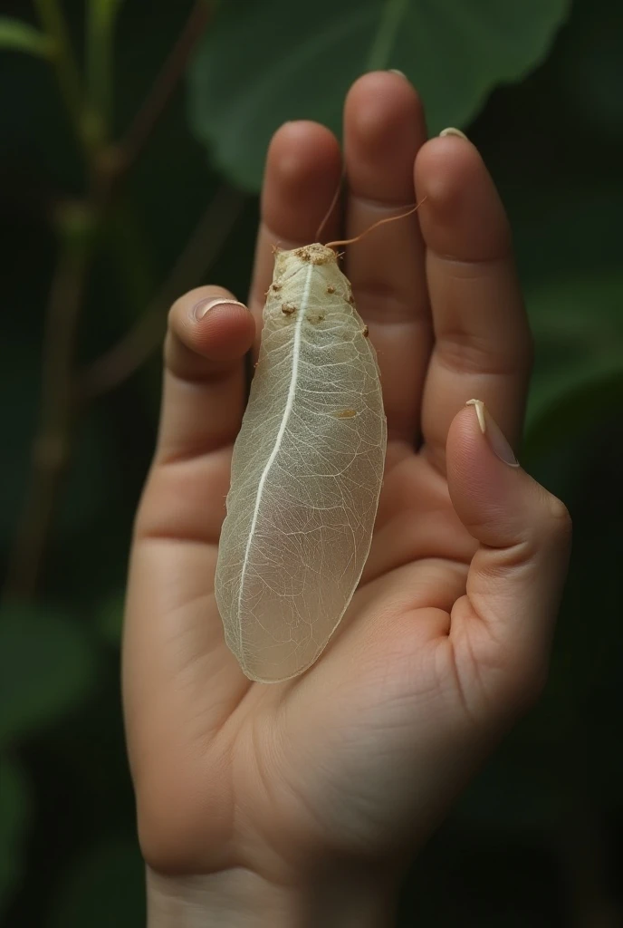 a dragonfly cocoon that formed on the skin of a human hand , , its white veins stand out in thick lines, as if they were large spider webs, and from there thousands of dragonflies sprout flying in different directions