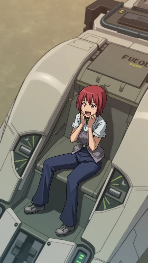 Absurd resolution, high resolution, (masterpiece: 1.4), hyper-detail, 1 young woman, short red hair, pilot suit, rich princess, sitting in an extremely narrow closed mecha control room, expression scared crying open mouth call (1.3), in the sky