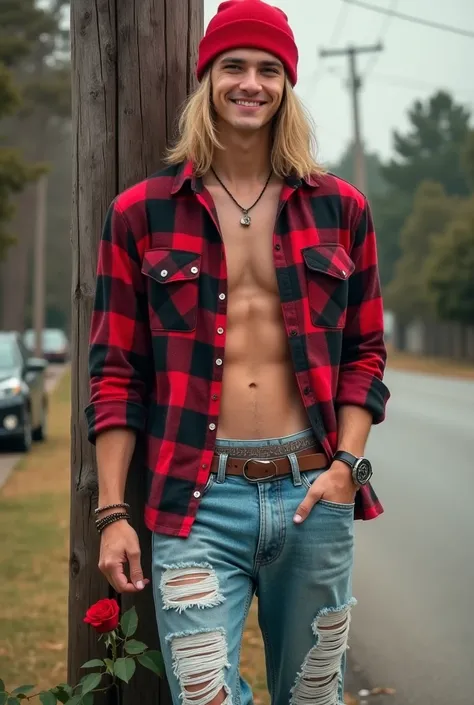 A handsome man with long blond hair wearing a red Beanie wearing a red and black striped plaid shirt, ripped jeans and medium white Converse shoes. Leaning against a telephone pole smiling holding a red rose