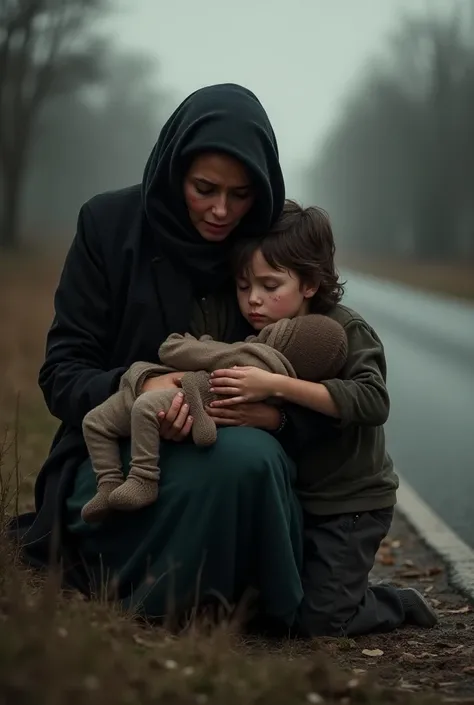   A mother cradles her dead young son on the roadside while crying and her other young son cries with her 