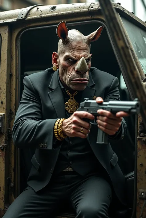 a rhino mafia gangster in bullet proof car, hyper realistic, 8k, extremely detailed, cinematic lighting, dramatic shadows, gritty urban environment, chiaroscuro lighting, photorealistic, highly detailed, realistic textures, weathered and damaged surfaces, ...