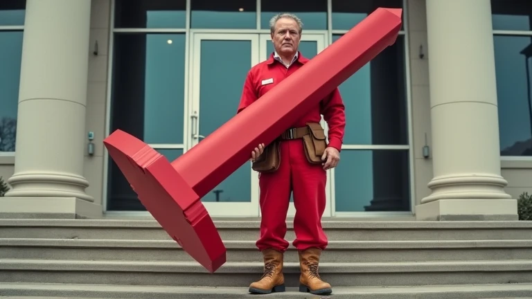 a man using a janitors outfit holds a red coloured fake nail on his steps