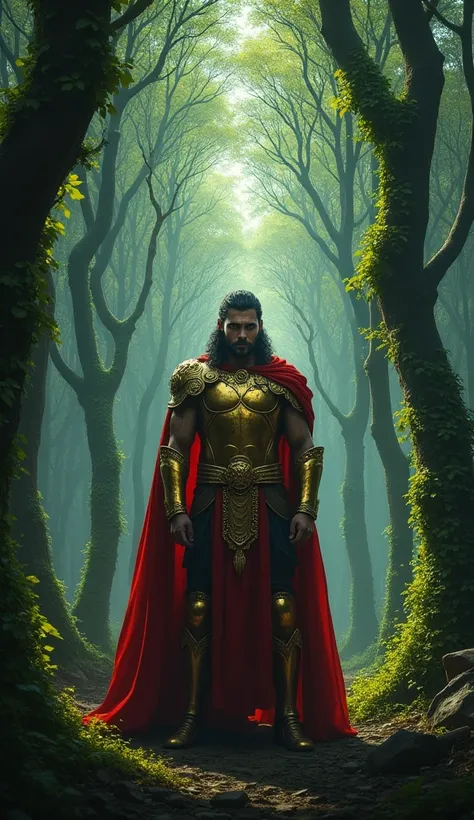 A Very Clear 4K Ultra HD Dynamic Image Of "A dark forest with tall, ominous trees covered in thick vines. In the foreground, King Vikramaditya, a strong and regal man with sharp features, wearing golden armor and a red cape, surveys the forest.