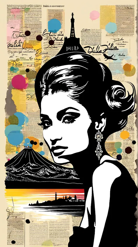 Create an ink-on-newspaper artwork in the style of Loui Jover (1.5), featuring a European landscape that includes Vesuvio and the sea. Porto vino, Dalida the famous singee, Integrate elements of celebrity culture, envisioning an art movement that expresses...