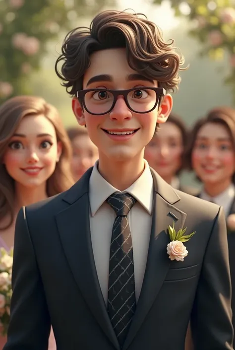 (realistic ai)Male, 23 years old, half-length portrait, Wearing a mens wedding suit,Smile, glasses, curly hair, Wedding ceremony background.