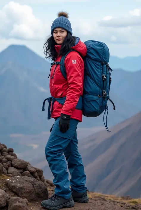 Real human photo shot from behind over the shoulder,  woman with shoulder length  wavy black hair.  . She is wearing a   red winter jacket, blue  cargo pant,  blue beannie,  black mountain shoes, carrying blue mountain summit backpack.
She is standing on t...