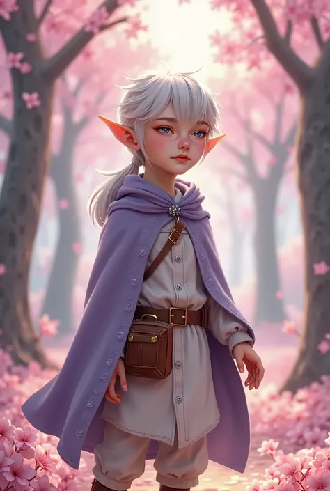 A elven boy, standing at 1.30 meters tall, with short, pointed ears and small white gazelle-like horns atop his head, radiates an innocent charm. His smooth, silver long hair flows to his back, catching the light as it moves. He wears a white medieval tuni...