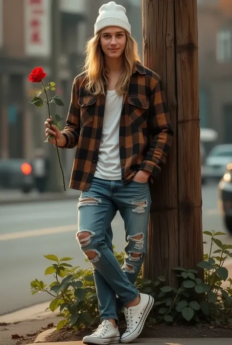 A handsome man with long blond hair wearing a white Beanie wearing a brown and black striped plaid shirt, ripped jeans and medium white Converse shoes. Leaning against a telephone pole smiling holding a red rose