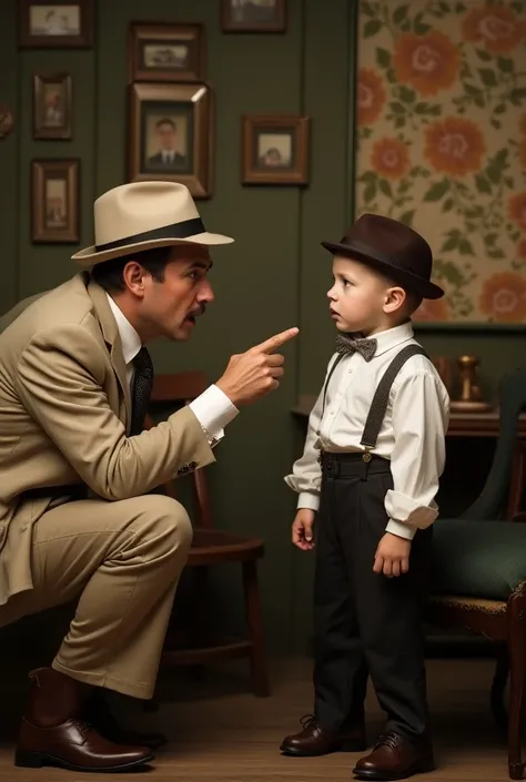  A colorful scene with a dramatic atmosphere ,  set in a vintage room with mid-20th century decoration . Left,  a man dressed in a classic beige suit ,  dark tie and a fedora hat ,  is crouched towards a boy ,  pointing a finger in an accusatory way while ...