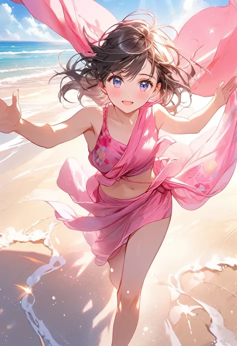 (masterpiece), best quality, expressive eyes, perfect face,an illustration of young girl wearing pink sarong pass,Running towards viewers while waving his hands,the background is Sparkling sandy beach, The soft sunlight,Refreshing atmosphere,