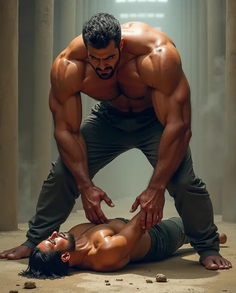 Two man are set in a dramatic and exaggerated pose. One man, designed to look like a muscular man, is sitting on the face of another man lying beneath him. 