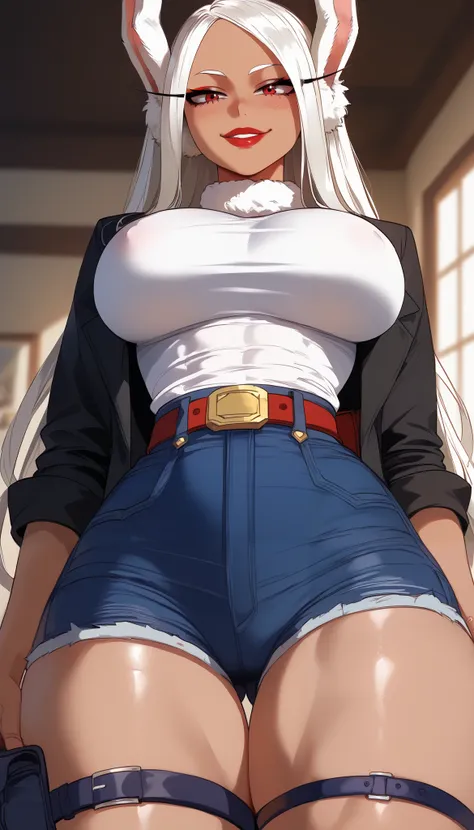  perfect eyes、 perfectly sexy face、ultra detailed、Rumi Usagiyama、 Boku no Hero Academia 、shiny hair、( Big breasts ), black shirt、black jacket、Tight Waist、 thin waist 、 dark blue denim shorts、 Thigh straps 、 shiny skin 、 tanned skin 、Beleza、erotic、Red Eyeli...