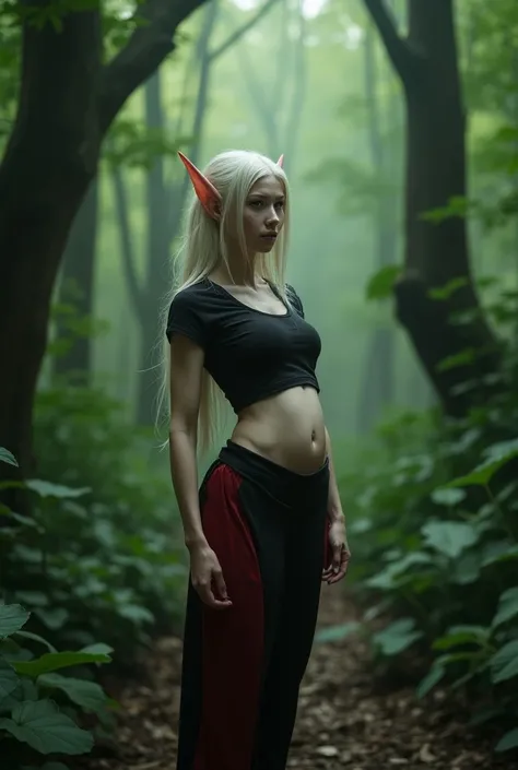 An albino woman in a forest muscles in her belly and muscles in her arm and leg an elf ear milf wearing a black and red t-shirt