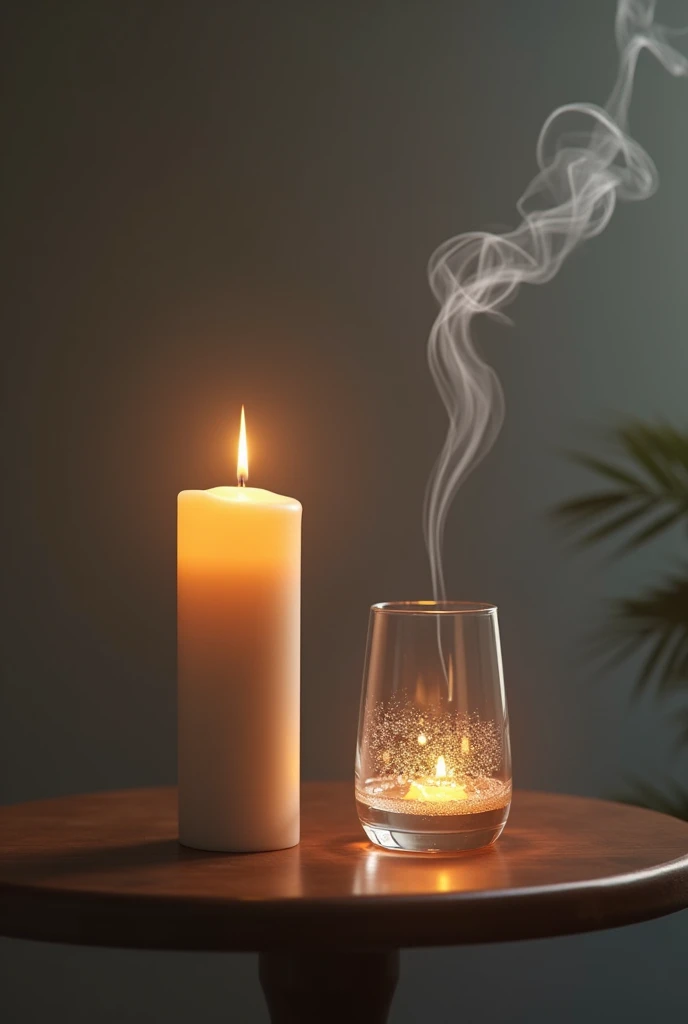  a candle on a table and on one side a glass with bubbles emitting smoke tilted towards the candle extinguishing the candle