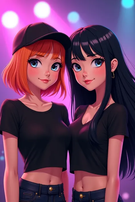 Animated female pop star with slightly short ginger hair wearing black t shirt and black cap standing with another female pop star with long black hair with dimples on her cheeks