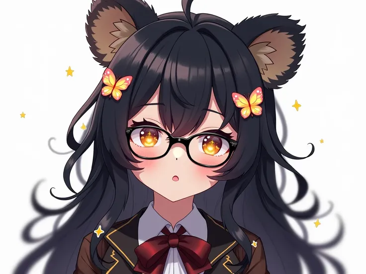  black hair,  eyes sparkle, Bear ears,  raccoon ears, Idol, Character portrait, There is a lot of white space,  wears glasses ,  butterfly hair accessories, 