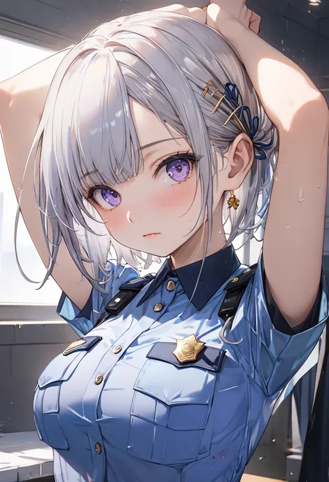 ((masterpiece, best quality,8k, ultra high resolution))、(((feetoutofframe)))、1 girl  、　Age 30　、((My arms are tied behind my head　、　Constraints))、(( embarrassed ))、　 is staring　　、 sharp eyesight  、  long lashes　　 、 Silver Hair 　　、 Short Hair　、((wearing  a  ...