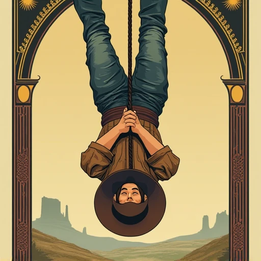 Tarot card The Hanged Man.  cowboy in West-era clothes hangs upside down tied to one leg, second leg bent at the knee , hands are folded over the chest. Art Deco style 