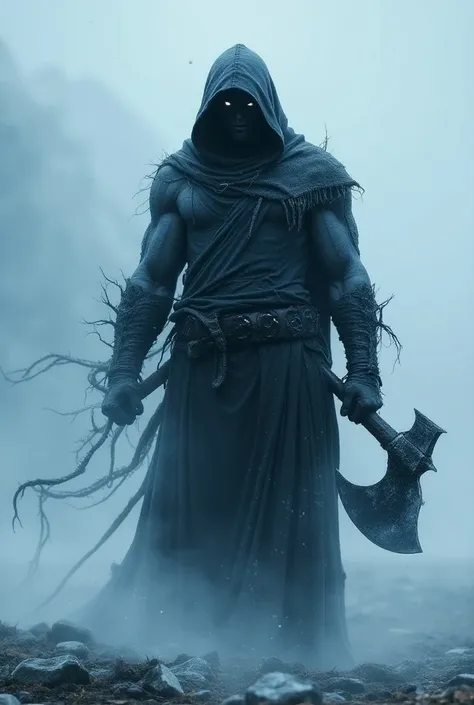  is Create a human with ice powers who has a hood and covers black mouths ,that he is strong  , wicked, Dark and that his weapon was an axe,In a lonely place thinking about who he is 