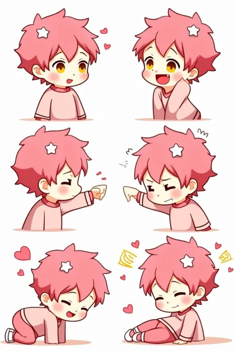  Create chibi anime style images of a boy with pink hair in Asian comma style with a white star accessory and yellow eyes in pink clothing having different reactions, Like crying , laughing, in love, etc si es in love agrégale corazones y así con todo, Eat...