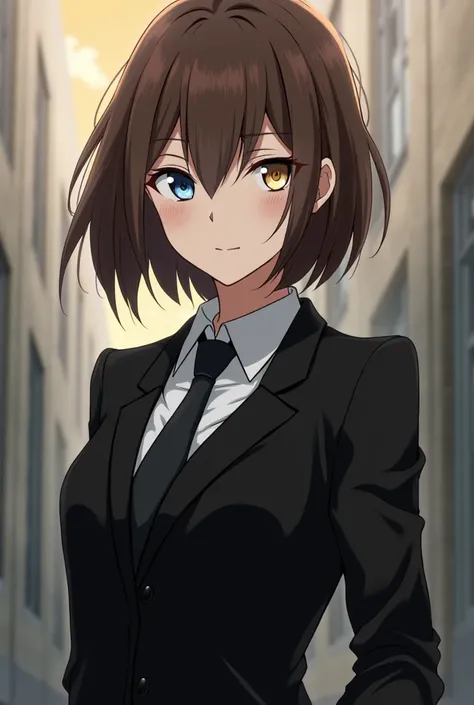  Create the daughter of Dazai Osamu and Nakahara Chuuya from the anime Bungō Stray Dogs 
Description:  Girl with short brown hair (hime cut), slanted eyes ( light blue left eyes , brown right eyes ), black suit