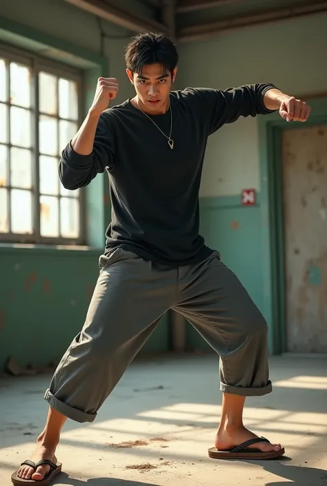 Japanese man, 20 years old, dynamic pose about to launch a right jab,Wearing a black long-sleeved shirt, wearing gray 3/4 pants,Wearing brown flip-flops,The background is an abandoned Japanese delinquent school building,Very realistic, finest details, very...