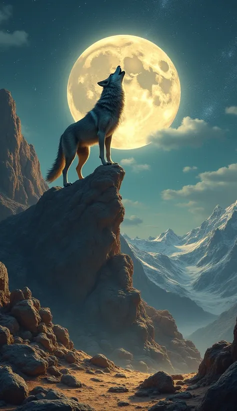  A wild wolf howling at the top of a mountain in the moonlight ,  its silhouette highlighted by the starry sky ."

" A colossal serpent gliding through ancient ruins ,  its shiny scales reflecting the sun ."

" A gigantic scorpion emerging from a desert sa...