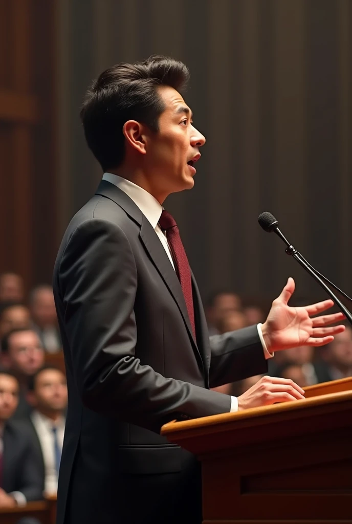 Generate a hyper-realistic image of
a 25-year-old man, in formal attire,
giving a public speech with animated
facial expressions.
