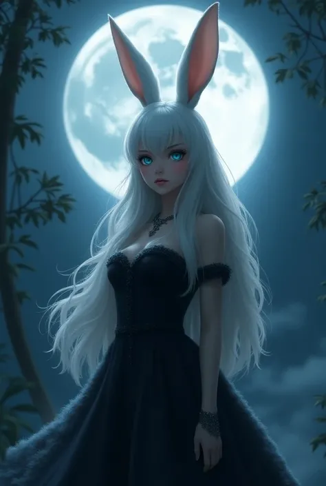 Grown up Bunny girl with silver hair and glacier colour eyes and black fuzzy dress standing under the moonlight 