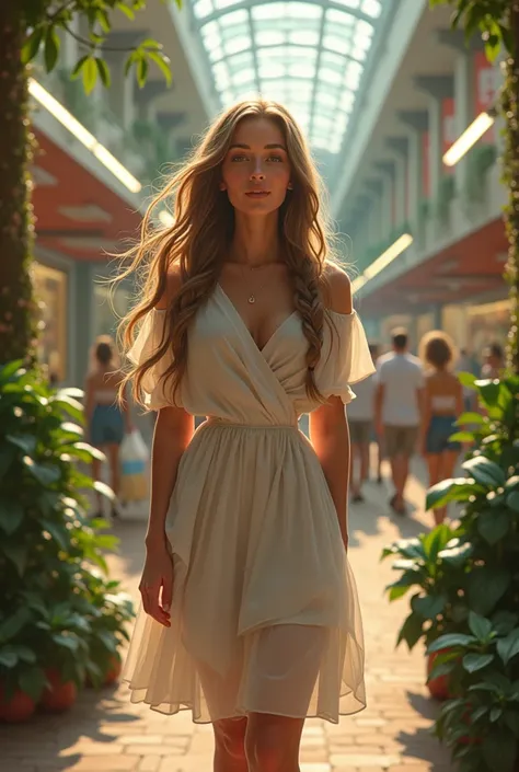 (photorealism:1.2), beautiful woman, standing             infront of a busy mall, wearing a classy flowy dress with braids, smiling, natural lighting, plants in background,  colors, by Greg Rutkowski, by Alphonse Mucha